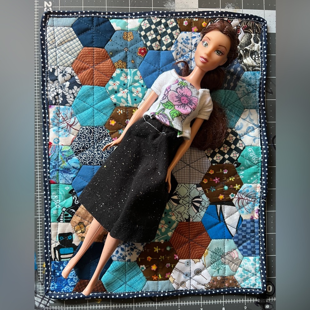 Barbie Quilt - Blue Brown Hexies - Handmade